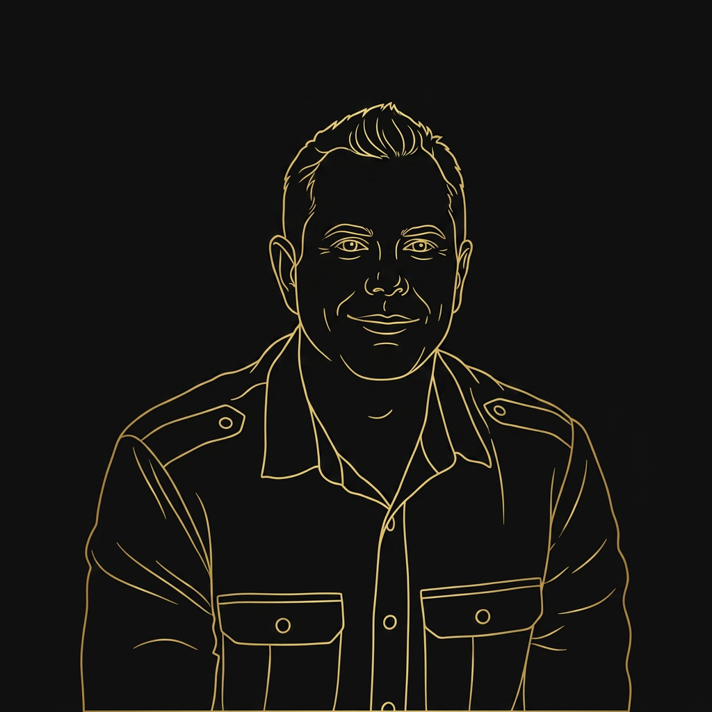 Illustrated gold-line portrait of Adam Komoroski